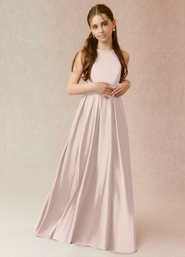 Azazie Arianthe Junior Blushing Pink A-Line with Pockets Stretch Satin Dress image1