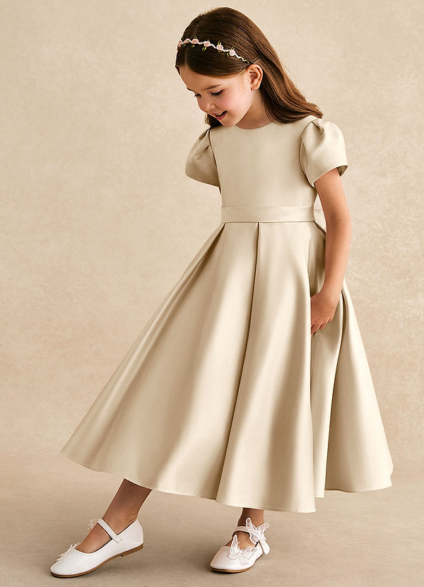 Azazie Princess Flower Girl Dresses Champagne A-Line Pleated Matte Satin Dress image1