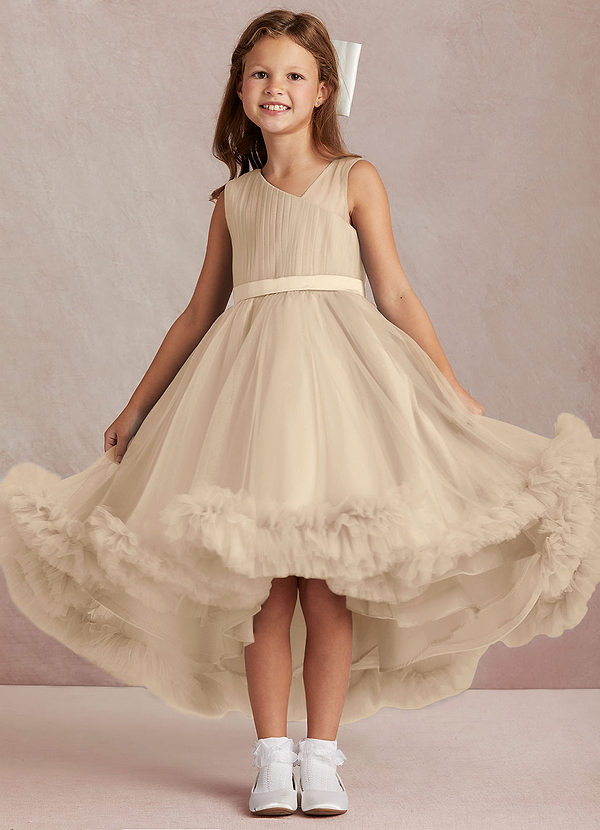 Azazie Lottie Abiti da Ragazza di Fiori Abito A-Line in Raso Monospalla Champagne image1