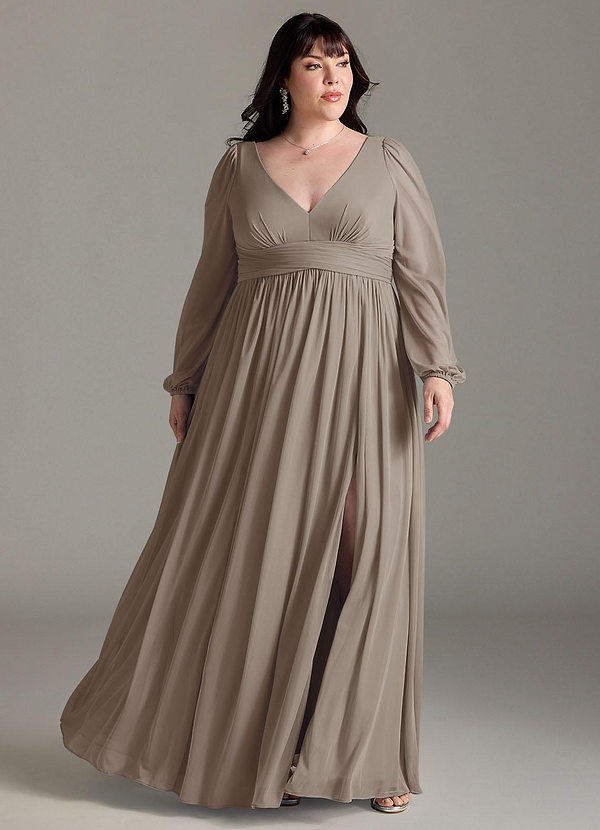 Azazie Norah Bridesmaid Dresses Taupe A-Line V-Neck Long Sleeve Chiffon Dress image1