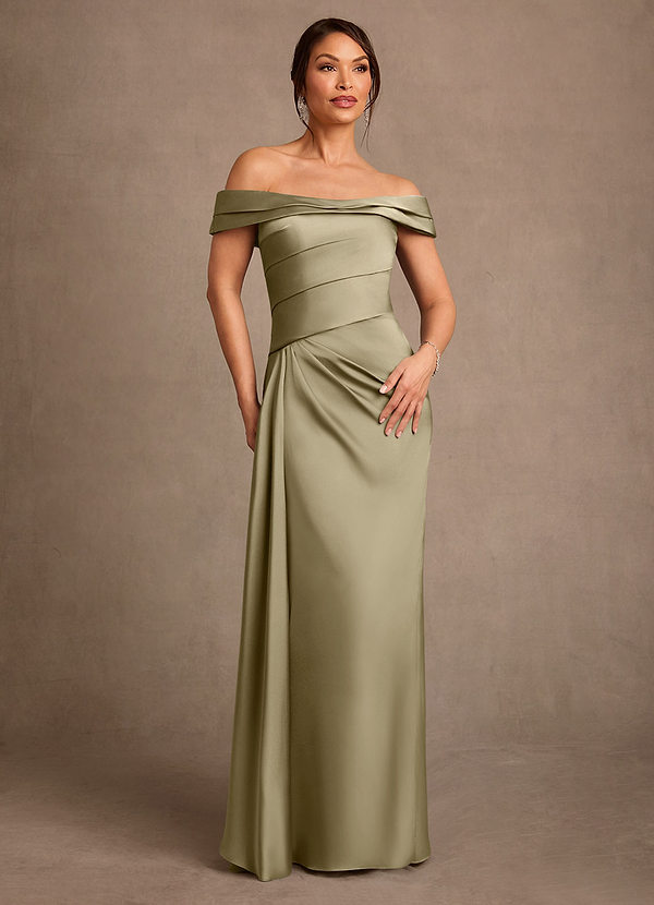 Azazie Beah Moeder van de Bruid Jurken Kolom Jurk van Stretch Satijn Off the Shoulder Mosgroen image1