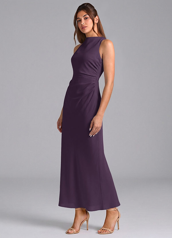 Azazie Evadne 신부 들러리 드레스 쉬스 주름진 쉬폰 발목 길이 드레스 image1