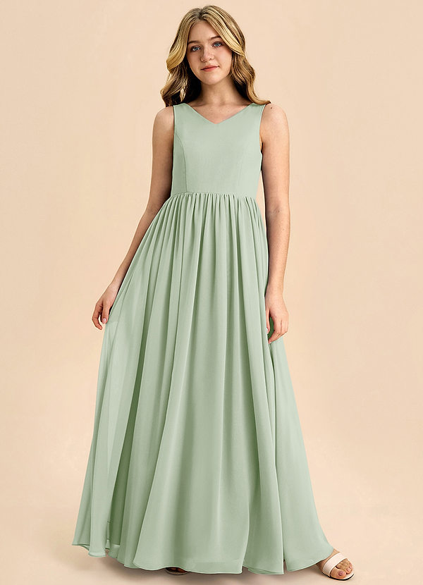 Azazie Hathaway Junior Dusty Sage A-Line Bow Chiffon Dress image1