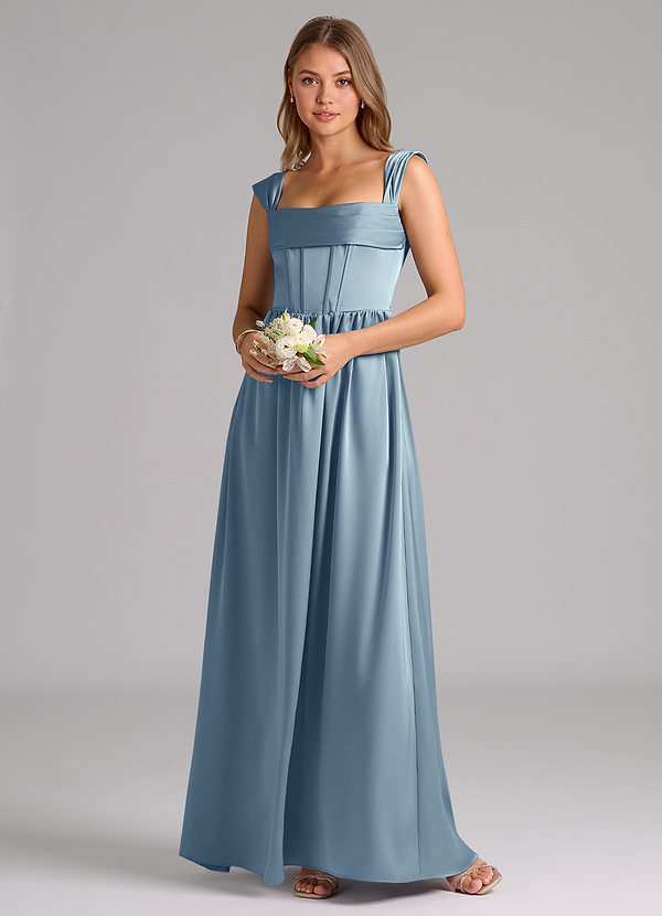 Azazie Hattie Bridesmaid Dresses Dusty Blue A-Line Corset Stretch Satin Dress image1