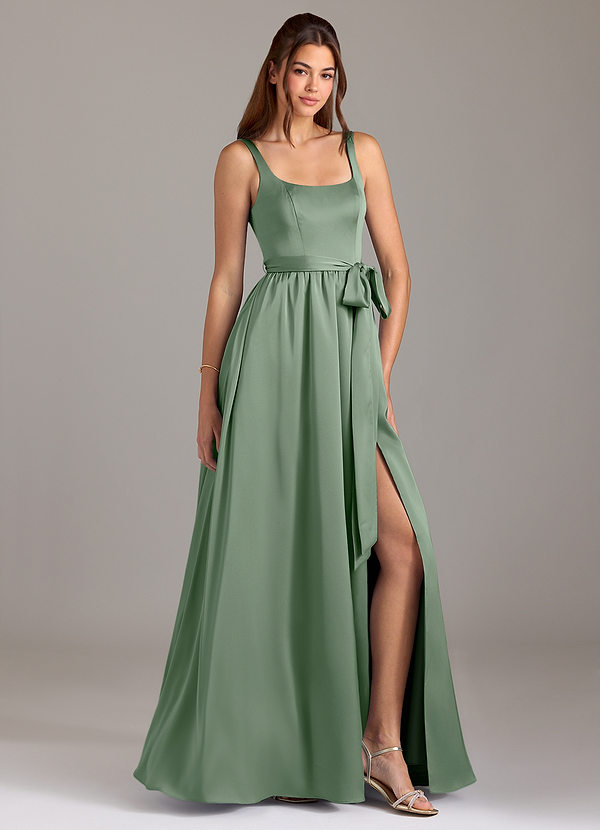 Azazie Elliott Brautjungfernkleider A-Linie mit Taschen Stretch-Satin Kleid Matcha image1