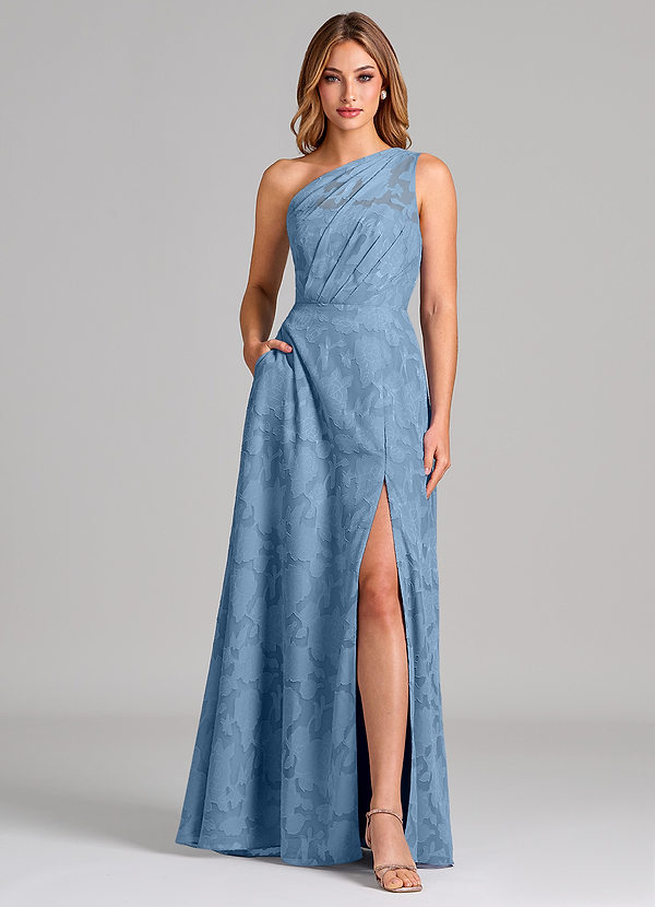 Azazie Phaedra 신부 들러리 드레스 A라인 한쪽 어깨 플로럴 번아웃 바닥 길이 드레스 image1