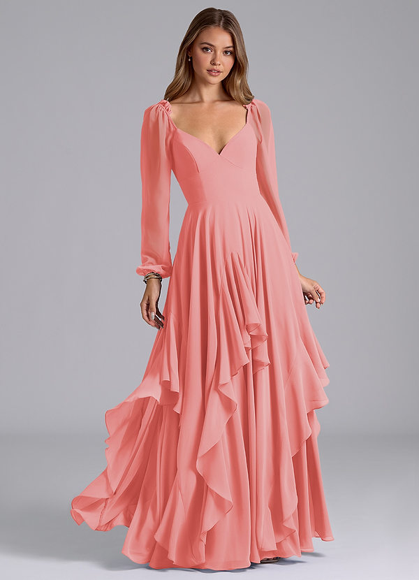 Azazie Karan Bridesmaid Dresses Coral A-Line Long Sleeve Chiffon Dress image1