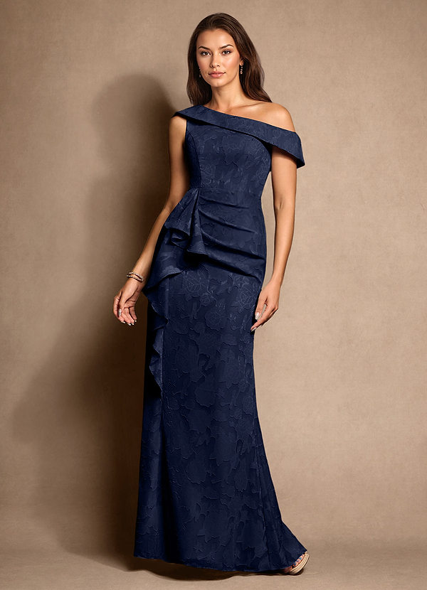 Azazie Hamptons Vestidos de Madre de la Novia Vestido de Azul Marino Oscuro de Devorado Floral de Corte En A con Plisado image1