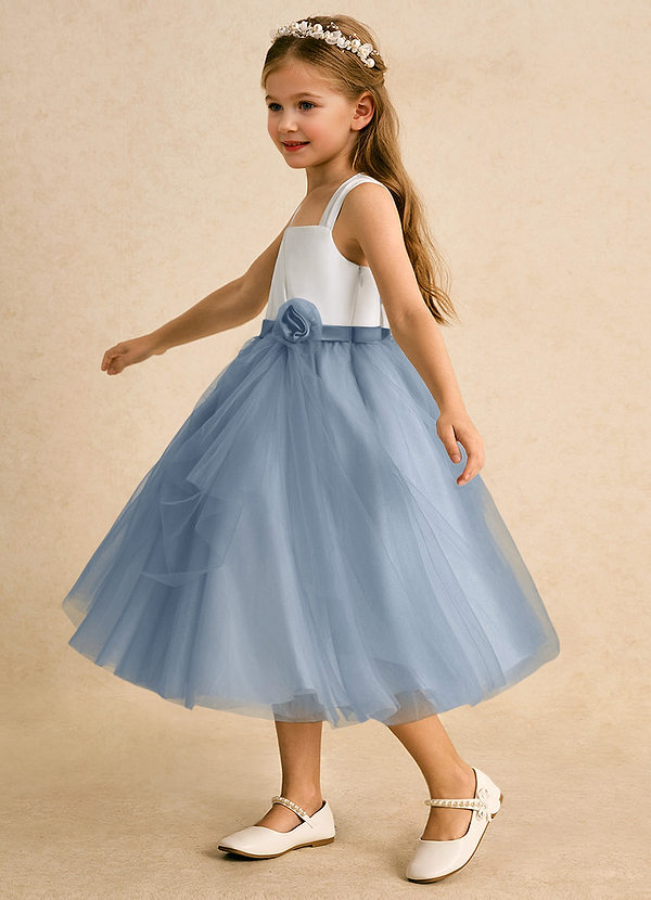 Azazie Bonny Vestidos de Niña de Flores Vestido de Marfil Azul Polvoriento de Tul de Princesa con Plisado image1