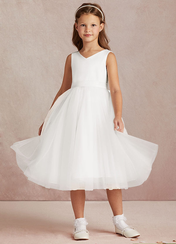 Azazie Marlee Flower Girl Dresses Ivory A-Line Pleated Matte Satin Dress image1