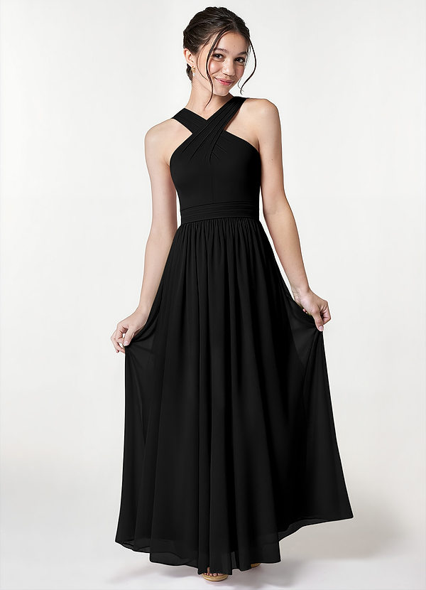 Azazie Jiya Junior Black A-Line Pleated Mesh Dress image1