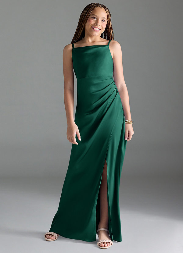 Azazie Leonis Junior Emerald A-Line Pleated Stretch Satin Dress image1