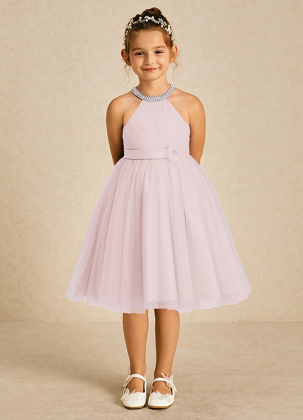 Azazie Honey Flower Girl Dresses Blushing Pink A-Line Beaded Matte Satin Dress image1