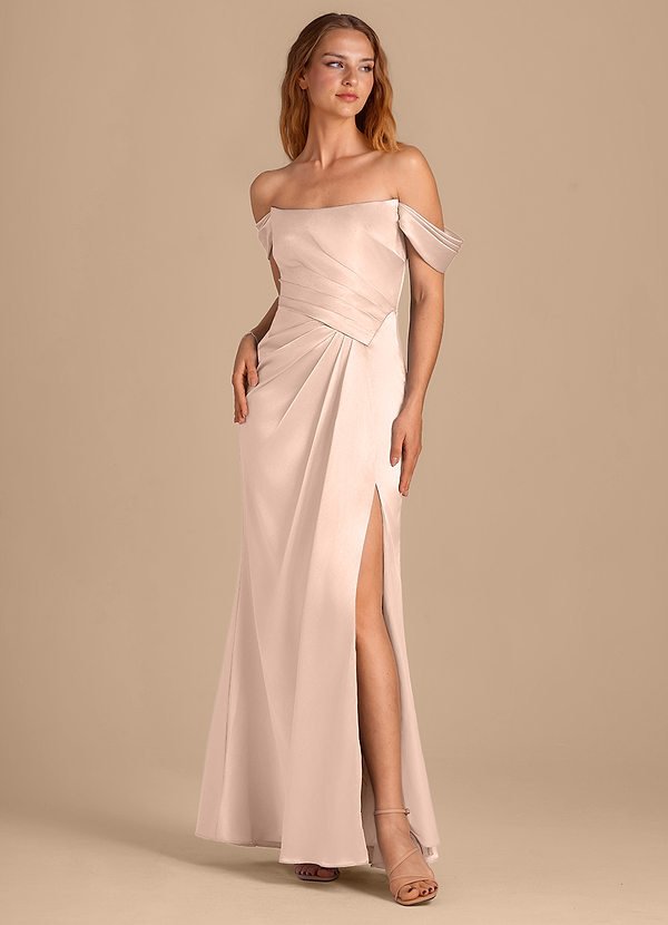 Azazie Shea Vestidos Dama de Honor Vestido de Oro Rosa de Satén Metálico de Corte Sirena Convertible con Vestidos sin tirantes image1