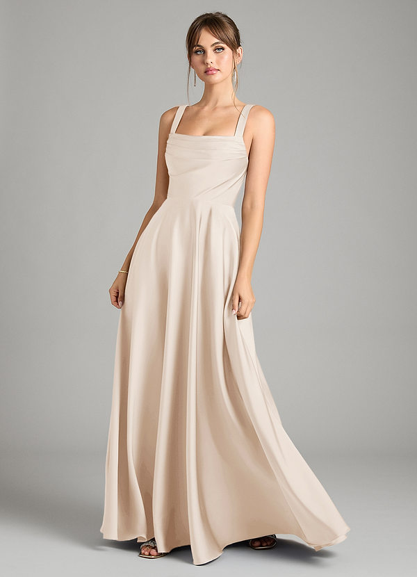 Azazie Shaude Bridesmaid Dresses White Alabaster A-Line Pleated Stretch Satin Dress image1