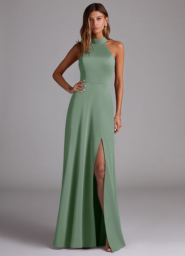 Azazie Myra Bridesmaid Dresses Matcha A-Line Side Slit Stretch Satin Dress image1