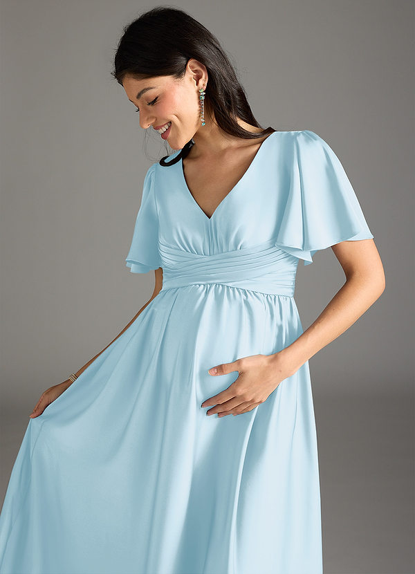 Azazie Verna Maternity Bridesmaid Dresses A-Line Ruched Stretch Satin Floor-Length Dress image1