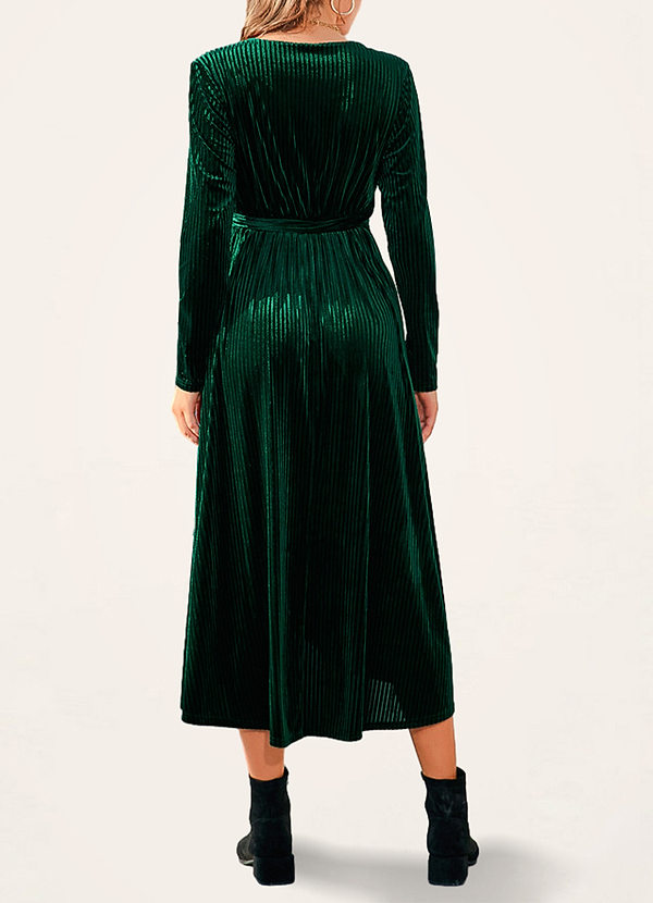 back Gretna Dark Emerald Striped Velvet Midi Dress