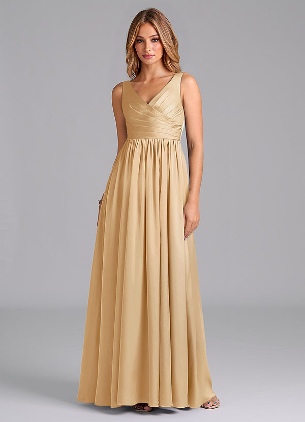 Azazie Keyla Bridesmaid Dresses Gold A-Line Pleated Stretch Satin Dress image1