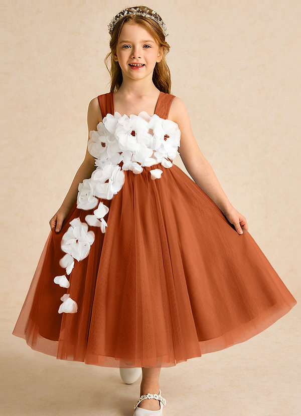 Azazie Dovey Robes de Fillette d'Honneur Robe Princesse en Tulle Arc Orange Brûlée image1
