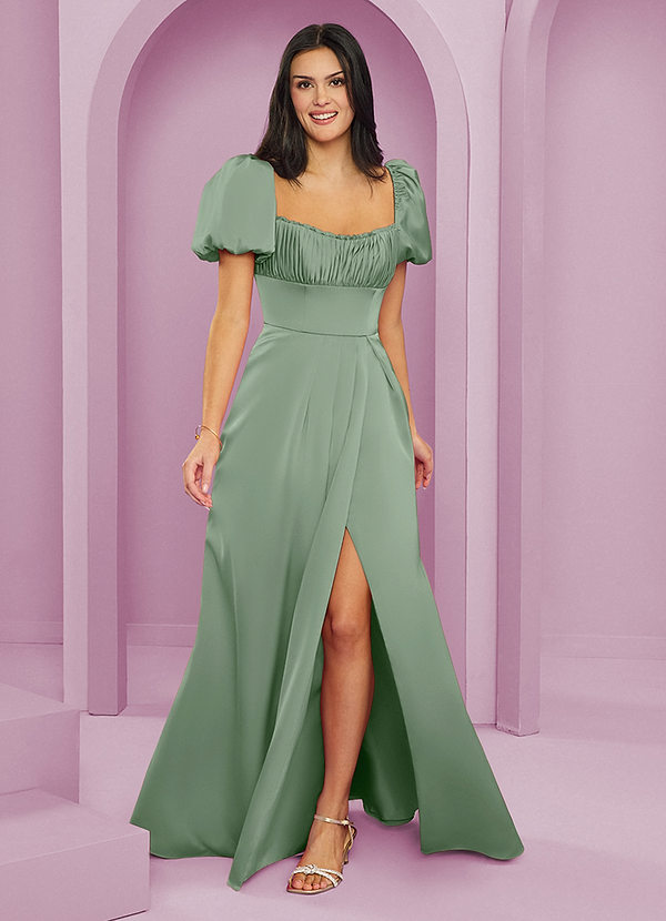 Barbie ♥ Azazie Bridesmaid Dresses Matcha A-Line Ruched Stretch Satin Dress image1