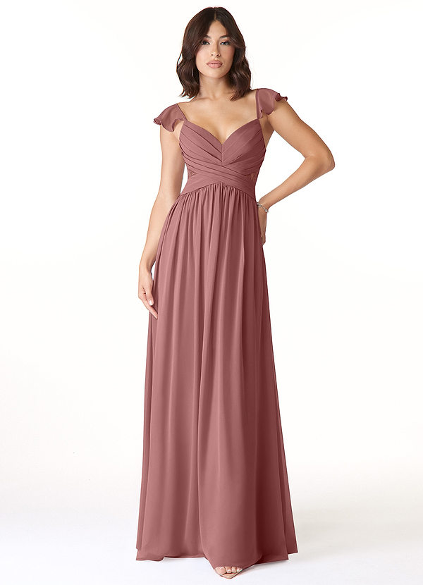 Azazie Lissa Robes Demoiselle d'honneur Robe Trapèze en Mousseline de soie Dentelle Rose Du Désert image1