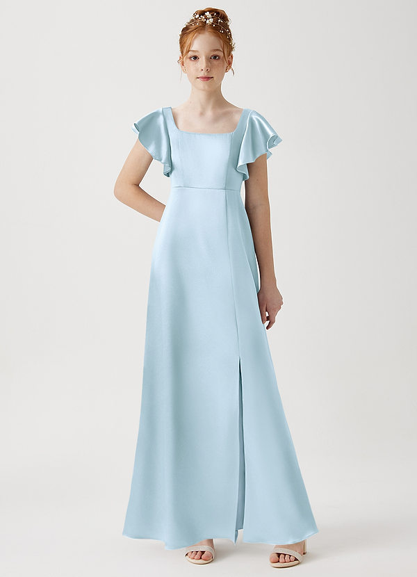 Azazie Bondi Junior Sky Blue A-Line Side Slit Metallic Satin Dress image1