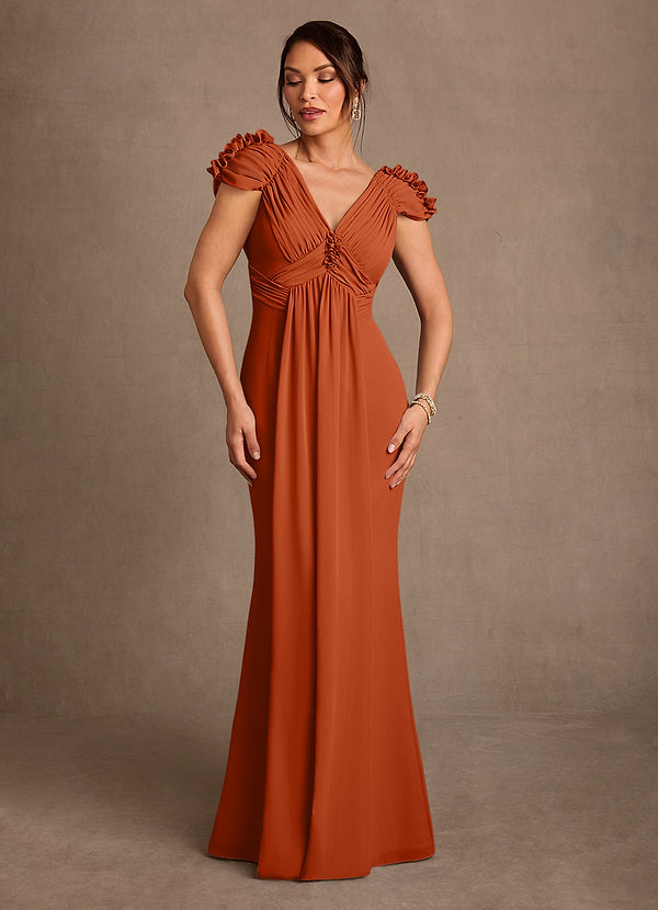 Azazie Louella Robe Mère de la Mariée & du Marié Robe Trapèze en Mousseline de soie Plissée Orange Brûlée image1