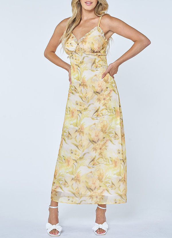 front Gillett Yellow Floral Sleeveless Midi Dress