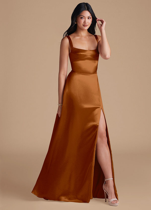Azazie Hope Bridesmaid Dresses Copper A-Line with Pockets Metallic Satin Dress image1