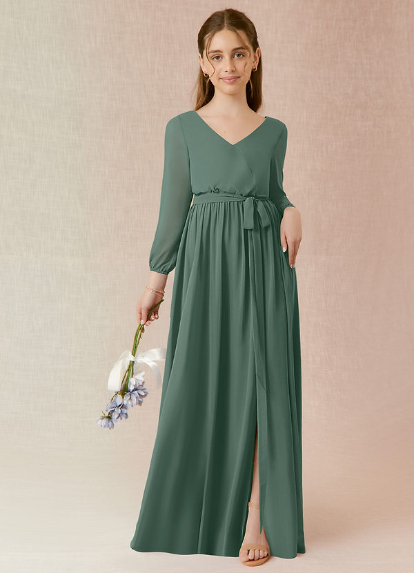 Azazie Angelica Junior Abito A-Line in Chiffon Plissettato Muschio Marino image1