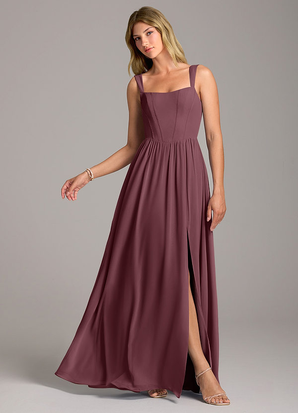 Azazie Rosaline Bridesmaid Dresses Sangria A-Line Side Slit Chiffon Dress image1