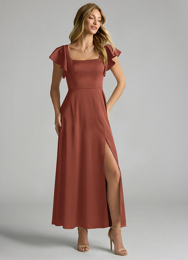 Azazie Bondi 신부 들러리 드레스 A라인 셔링 스트레치 새틴 발목 길이 드레스 image1