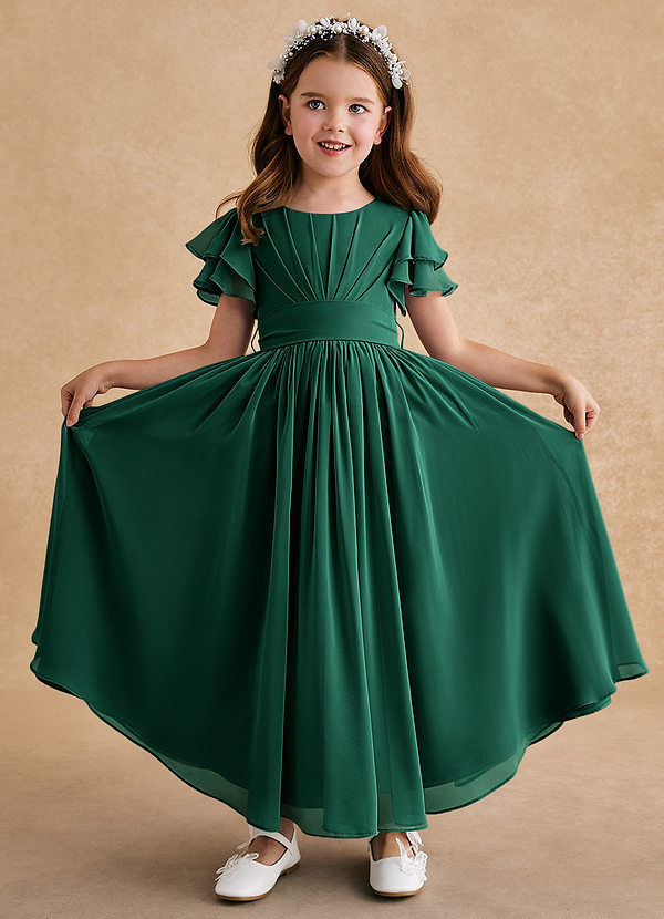Azazie Ali Robes de Fillette d'Honneur Robe Trapèze en Mousseline de soie Plissée émeraude image1