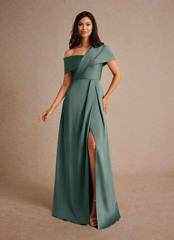 Azazie Milton Mother of the Brides Dresses Sea Moss A-Line Pleated Stretch Satin Dress image1