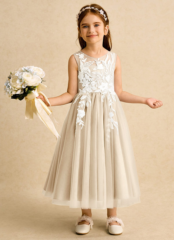 Azazie Sundae Robes de Fillette d'Honneur Robe Princesse en Dentelle Champagne image1