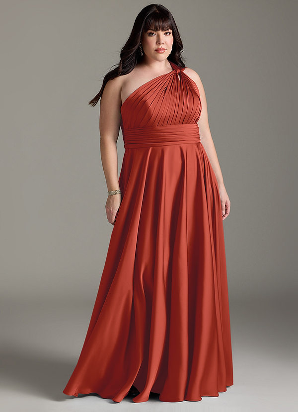 Azazie Charlize Robes Demoiselle d'honneur Robe Trapèze en Satin extensible Ue épaule Rouille image1