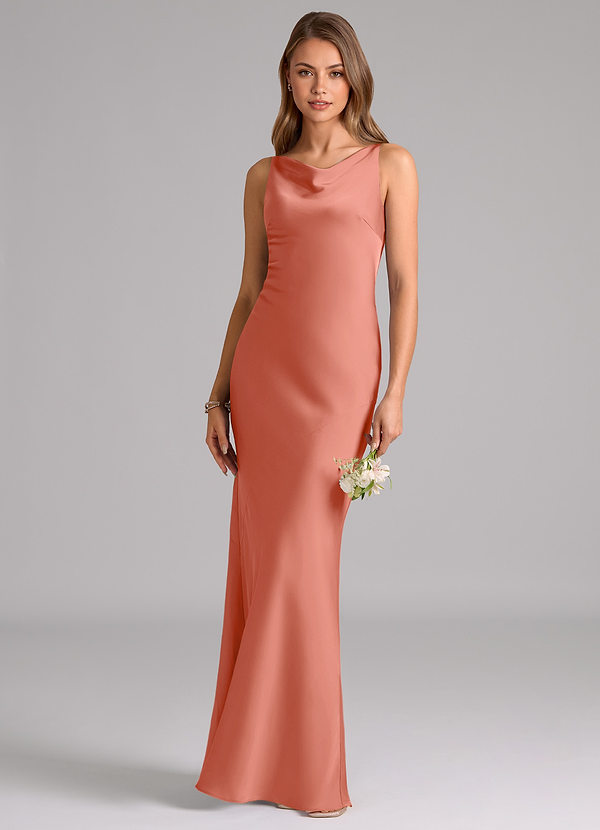 Azazie Allettie Bridesmaid Dresses Salmon Pink Mermaid Stretch Satin Dress image1