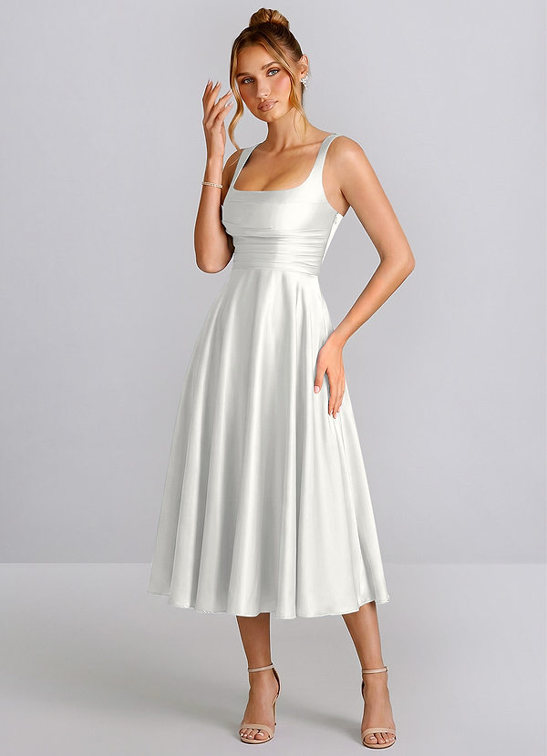 Ines Weiß Satin-Midikleid mit eckigem Ausschnitt und Schnürung in A-Linie image1