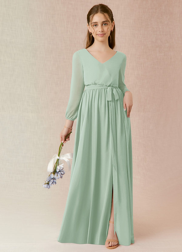 Azazie Angelica Junior Abito A-Line in Chiffon Plissettato Agave image1