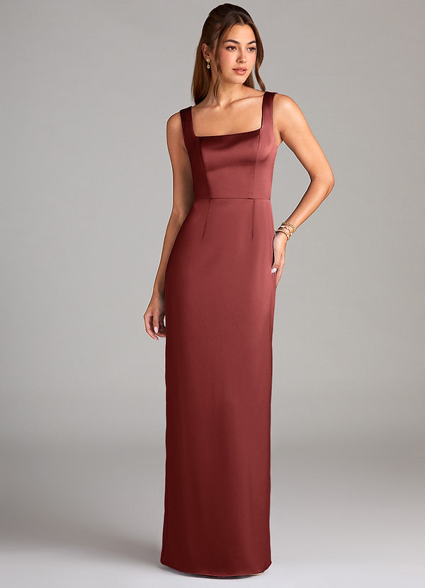 Azazie Flori Bridesmaid Dresses Terracotta Sheath Side Slit Stretch Satin Dress image1