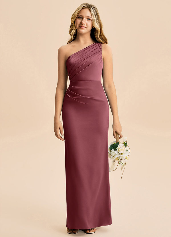 Azazie Akilah Junior Osłona Pofałdowany Satyna elastyczna Długość podłogi Młodsza druhna Sukienka image1