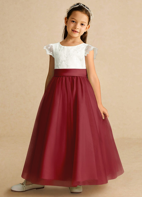 Azazie Pookie Flower Girl Dresses Pomegranate A-Line Lace Tulle Dress image1