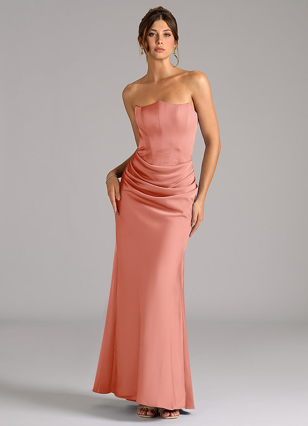 Azazie Debby Bruidsmeisjes Jurken Converteerbaar Jurk van Stretch Satijn met Zeemeermin Strapless Koraal image1