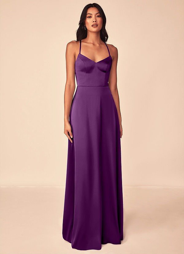 Azazie Mei Brautjungfernkleider A-Linie V-Hals Stretch-Satin Kleid Traube image1