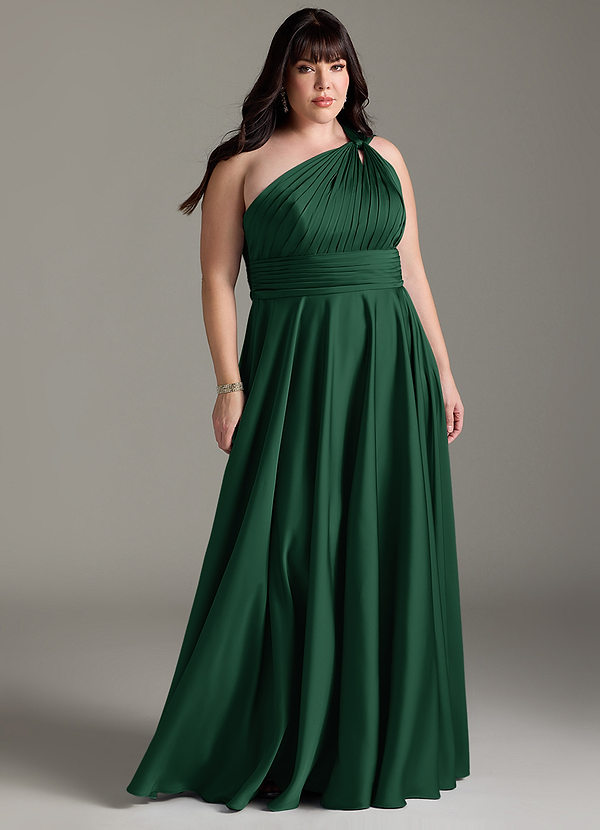 Azazie Charlize Bridesmaid Dresses Dark Green A-Line One Shoulder Stretch Satin Dress image1
