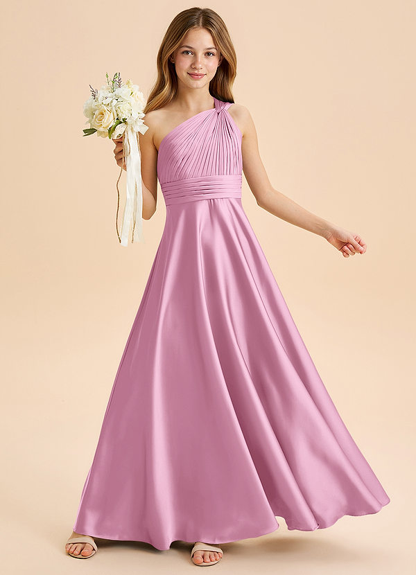 Azazie Charlize Junior Candy Pink A-Line Pleated Stretch Satin Dress image1