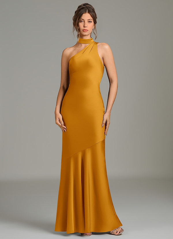 Azazie Jalissa Bridesmaid Dresses Butterscotch Mermaid One Shoulder Stretch Satin Dress image1