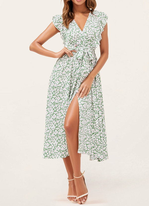 Dusty Sage Johnson Dusty Sage Floral Print Ruffled Sleeve Midi Dress