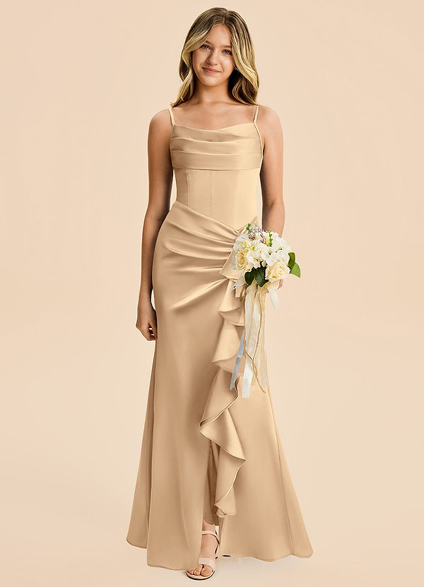 Rosalia Junior Champagne Sheath Pleated Stretch Satin Dress image1